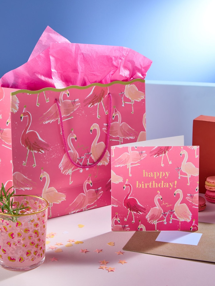 Pink Medium Flamingo Gift Bag and Card Set - Image 1 of 3