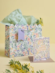 Blue Medium Floral Print Gift Bag and Card Set - Image 1 of 3