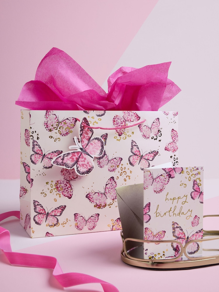 Pink Large Butterfly Gift Bag and Card Set - Image 1 of 3