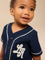 Navy Varsity 100% Cotton Short Sleeve Varsity Baseball Neck Shirt (3mths-7yrs) - Image 4 of 7