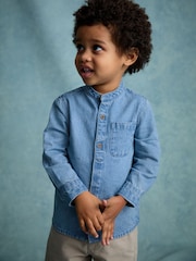 Blue Denim 100% Cotton Long Sleeve Grandad Collar Denim Shirt (3mths-7yrs) - Image 1 of 8