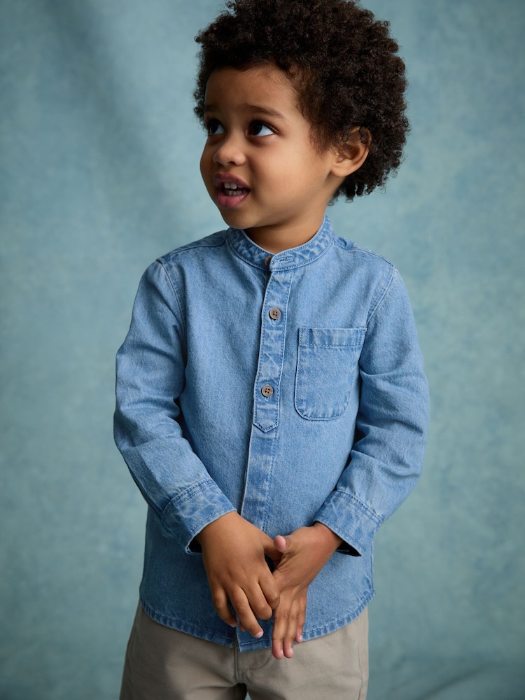 Blue Denim 100% Cotton Long Sleeve Grandad Collar Denim Shirt (3mths-7yrs) - Image 1 of 8