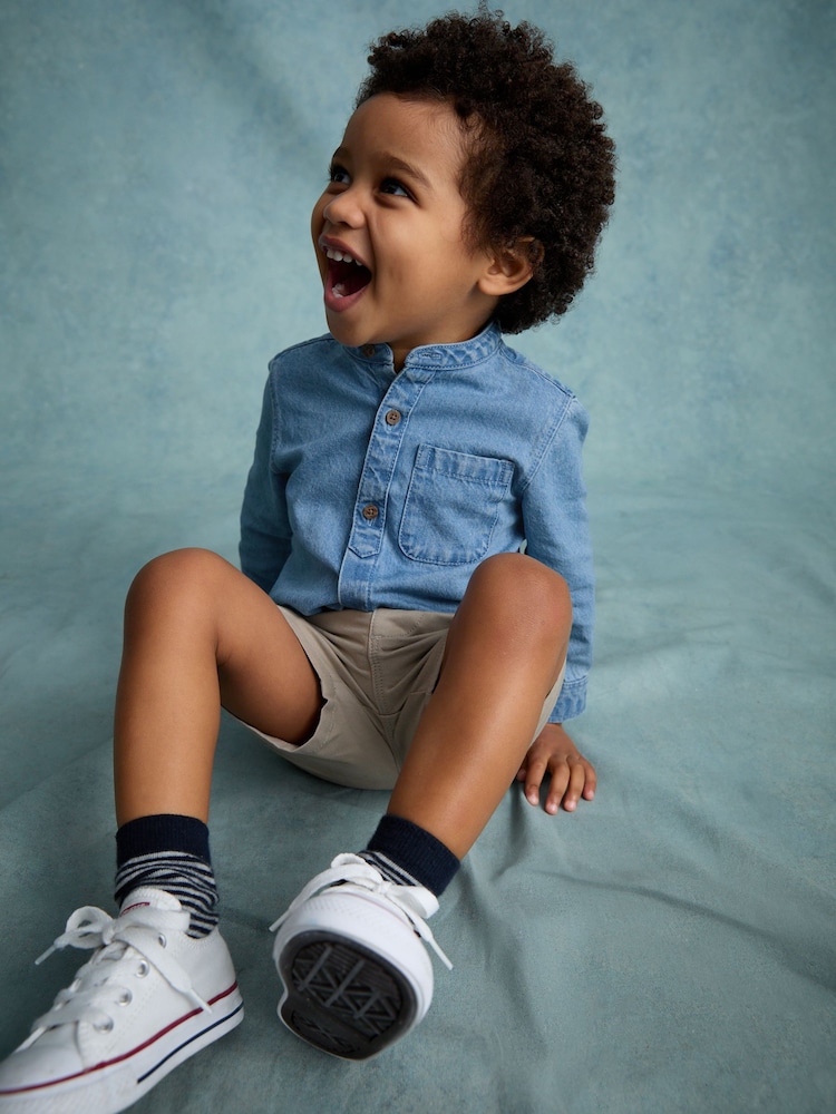 Blue Denim 100% Cotton Long Sleeve Grandad Collar Denim Shirt (3mths-7yrs) - Image 2 of 8