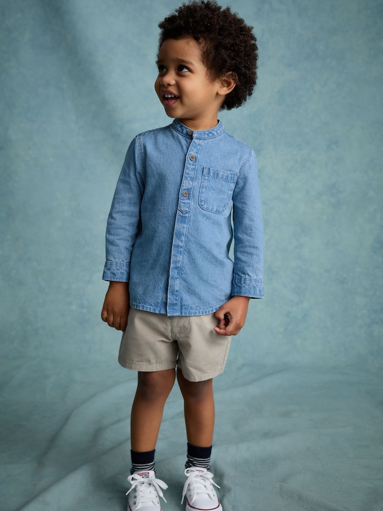Blue Denim 100% Cotton Long Sleeve Grandad Collar Denim Shirt (3mths-7yrs) - Image 3 of 8