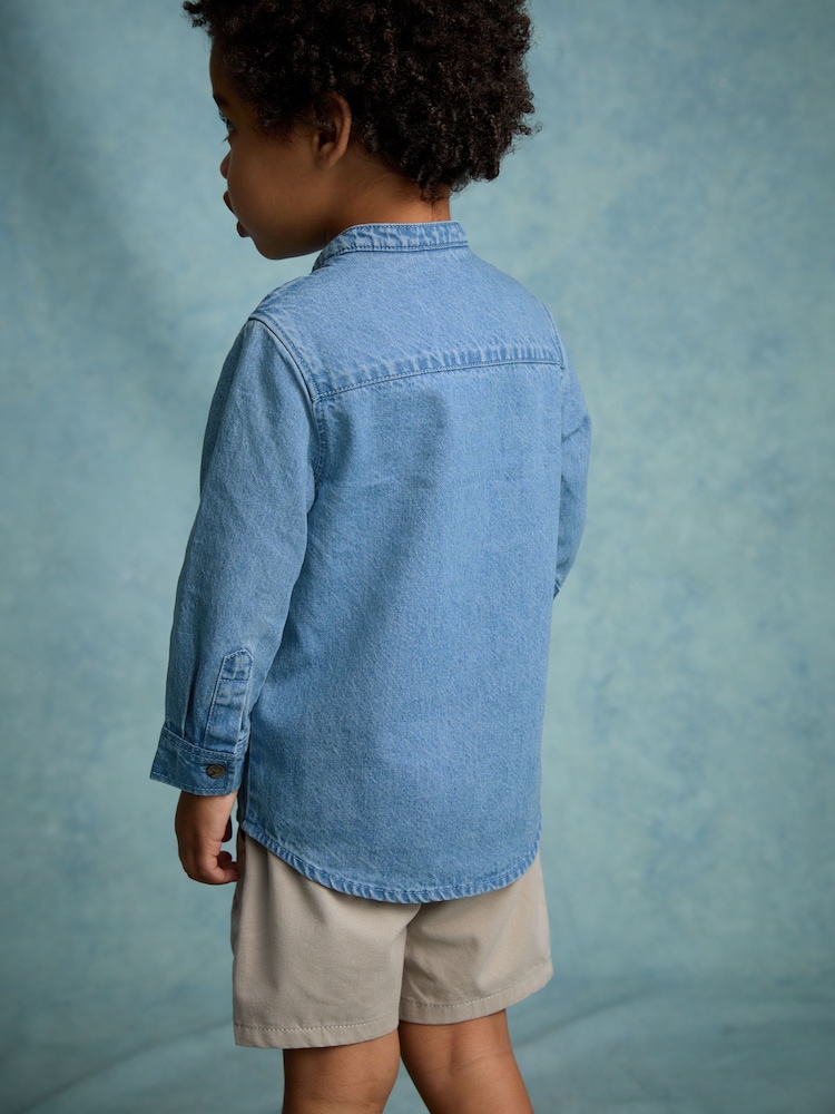 Blue Denim 100% Cotton Long Sleeve Grandad Collar Denim Shirt (3mths-7yrs) - Image 4 of 8