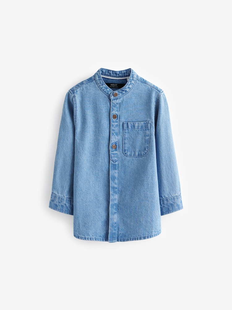 Blue Denim 100% Cotton Long Sleeve Grandad Collar Denim Shirt (3mths-7yrs) - Image 5 of 8