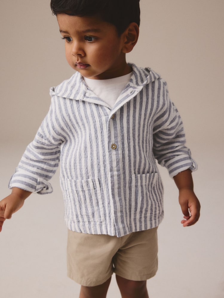 Blue/White Long Sleeve Stripe Hooded Shirt (3mths-7yrs) - Image 1 of 4 Blue/White Long Sleeve Stripe Hooded Shirt (3mths-7yrs) - Image 1 of 4
