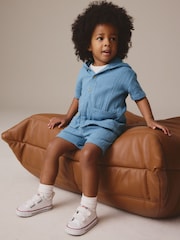 Blue 100% Cotton Short Sleeve Texture Hooded Shirt and Shorts Set (3mths-7yrs) - Image 1 of 7
