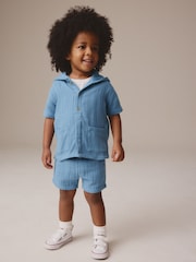 Blue 100% Cotton Short Sleeve Texture Hooded Shirt and Shorts Set (3mths-7yrs) - Image 2 of 7