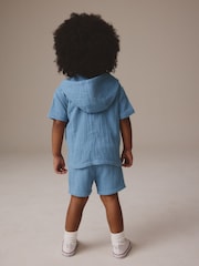 Blue 100% Cotton Short Sleeve Texture Hooded Shirt and Shorts Set (3mths-7yrs) - Image 3 of 7