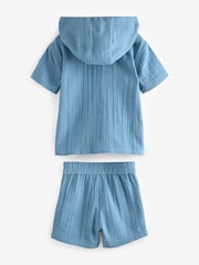 Blue 100% Cotton Short Sleeve Texture Hooded Shirt and Shorts Set (3mths-7yrs) - Image 5 of 7