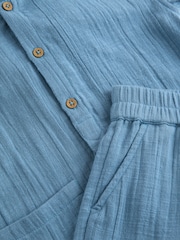 Blue 100% Cotton Short Sleeve Texture Hooded Shirt and Shorts Set (3mths-7yrs) - Image 7 of 7