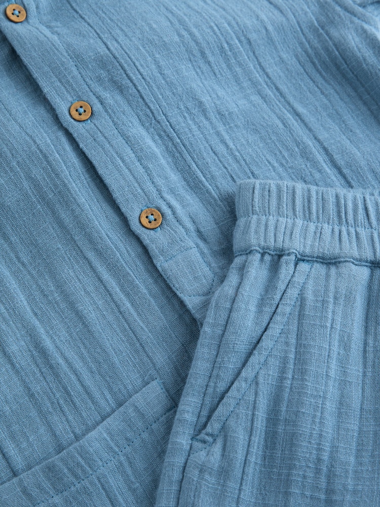 Blue 100% Cotton Short Sleeve Texture Hooded Shirt and Shorts Set (3mths-7yrs) - Image 7 of 7
