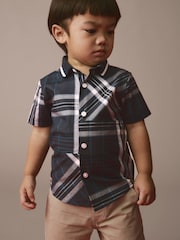 Navy 100% Cotton Short Sleeves Check Splice Shirt (3mths-7yrs) - Image 1 of 7