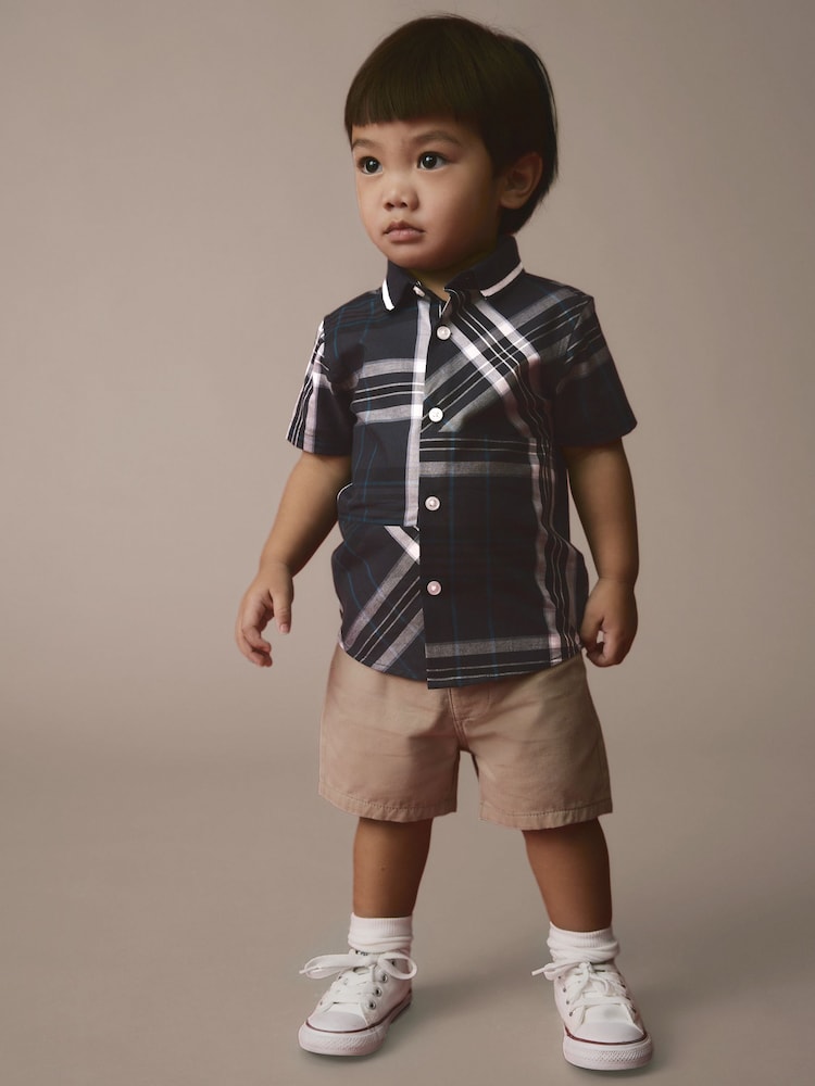 Navy 100% Cotton Short Sleeves Check Splice Shirt (3mths-7yrs) - Image 2 of 7