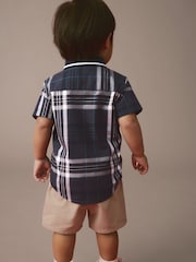 Navy 100% Cotton Short Sleeves Check Splice Shirt (3mths-7yrs) - Image 3 of 7