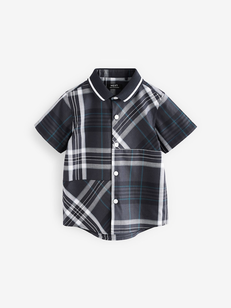 Navy 100% Cotton Short Sleeves Check Splice Shirt (3mths-7yrs) - Image 4 of 7