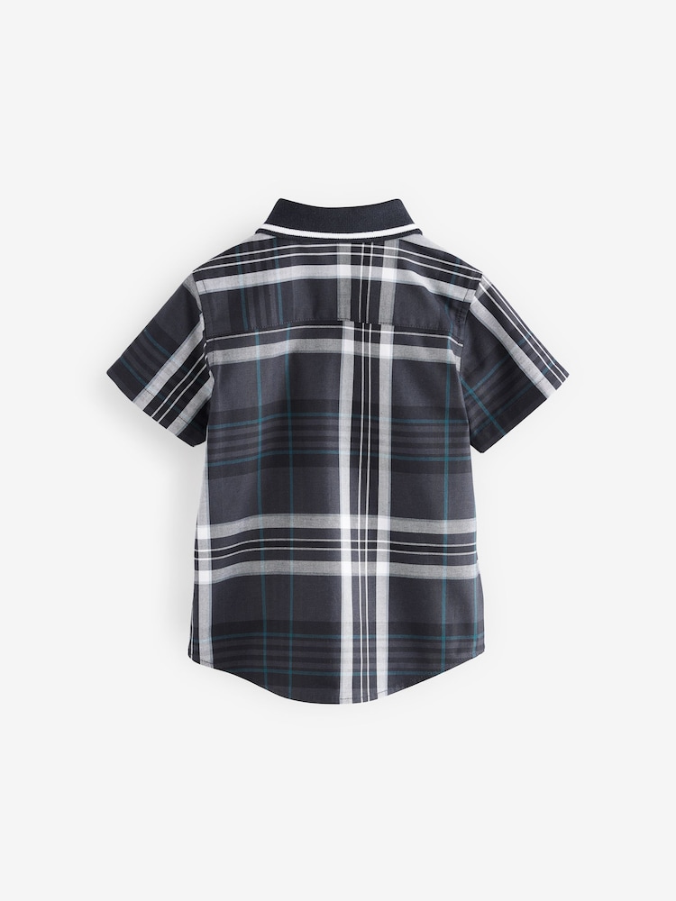 Navy 100% Cotton Short Sleeves Check Splice Shirt (3mths-7yrs) - Image 5 of 7