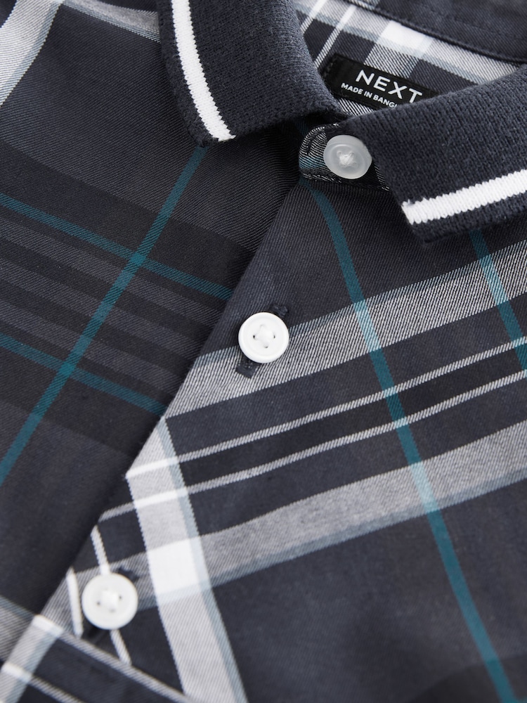 Navy 100% Cotton Short Sleeves Check Splice Shirt (3mths-7yrs) - Image 6 of 7