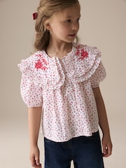 Red Ditsy Embroidered Collar 100% Cotton Blouse (3-16yrs) - Image 1 of 9