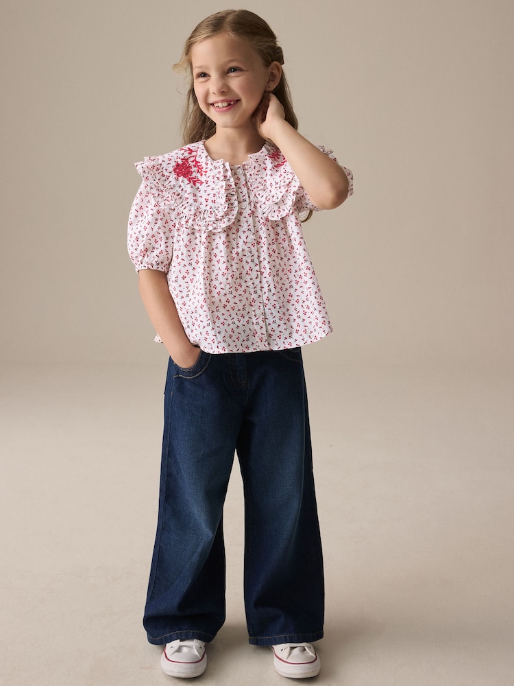Red Ditsy Embroidered Collar 100% Cotton Blouse (3-16yrs) - Image 2 of 9