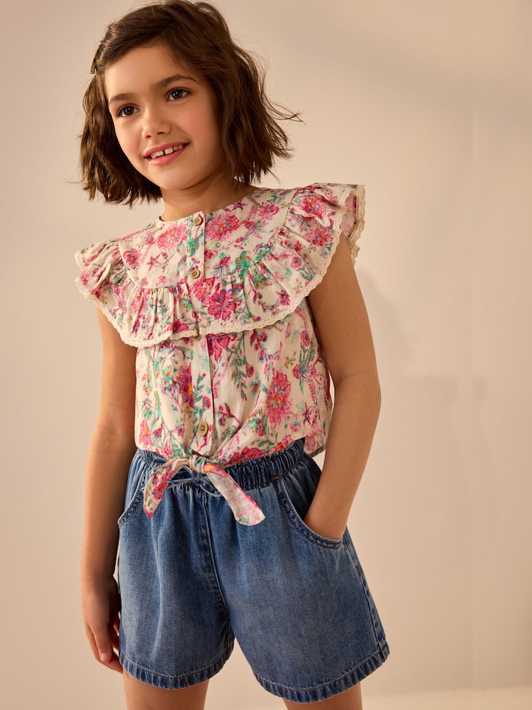 Pink Floral 100% Cotton Tie Front Blouse (3-16yrs) - Image 1 of 7