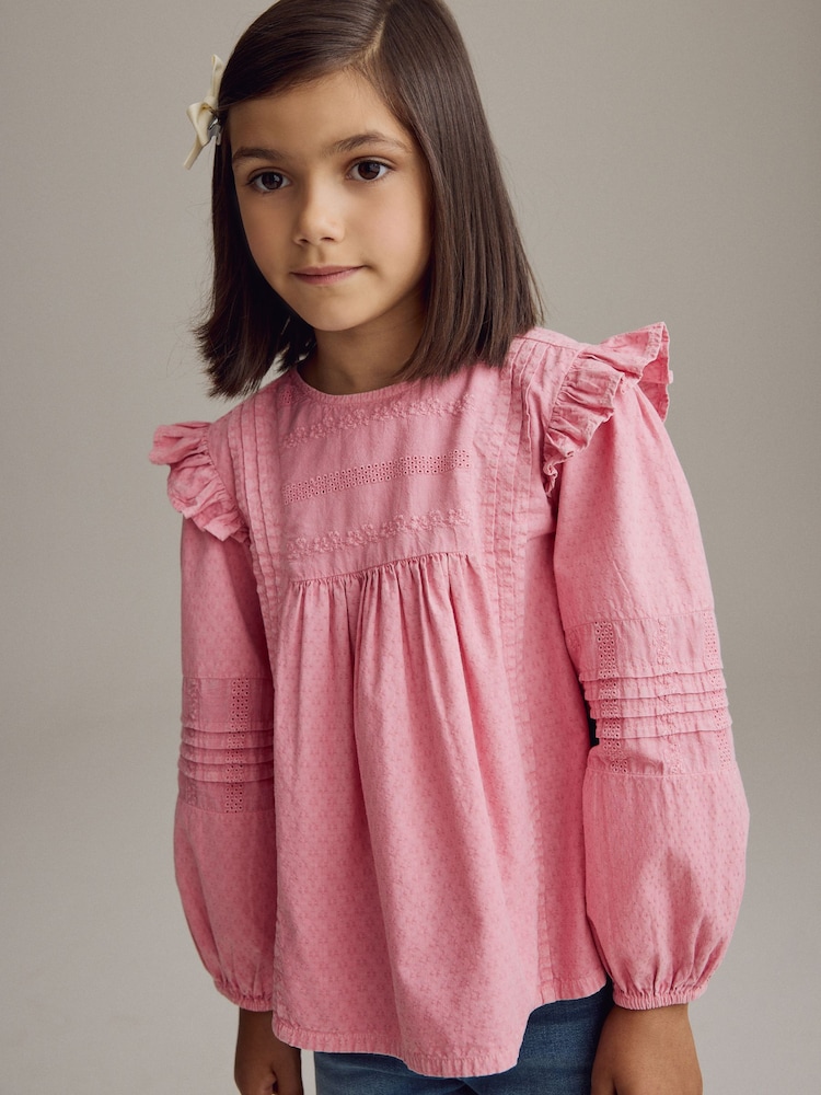Pink Long Sleeve Frill 100% Cotton Blouse (3-16yrs) - Image 1 of 9