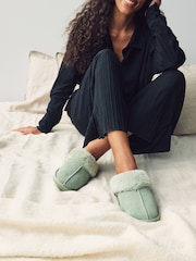 Green Suede Faux Fur Lined Mule Slippers - Image 1 of 6