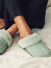 Green Suede Faux Fur Lined Mule Slippers - Image 2 of 6