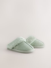 Green Suede Faux Fur Lined Mule Slippers - Image 3 of 6