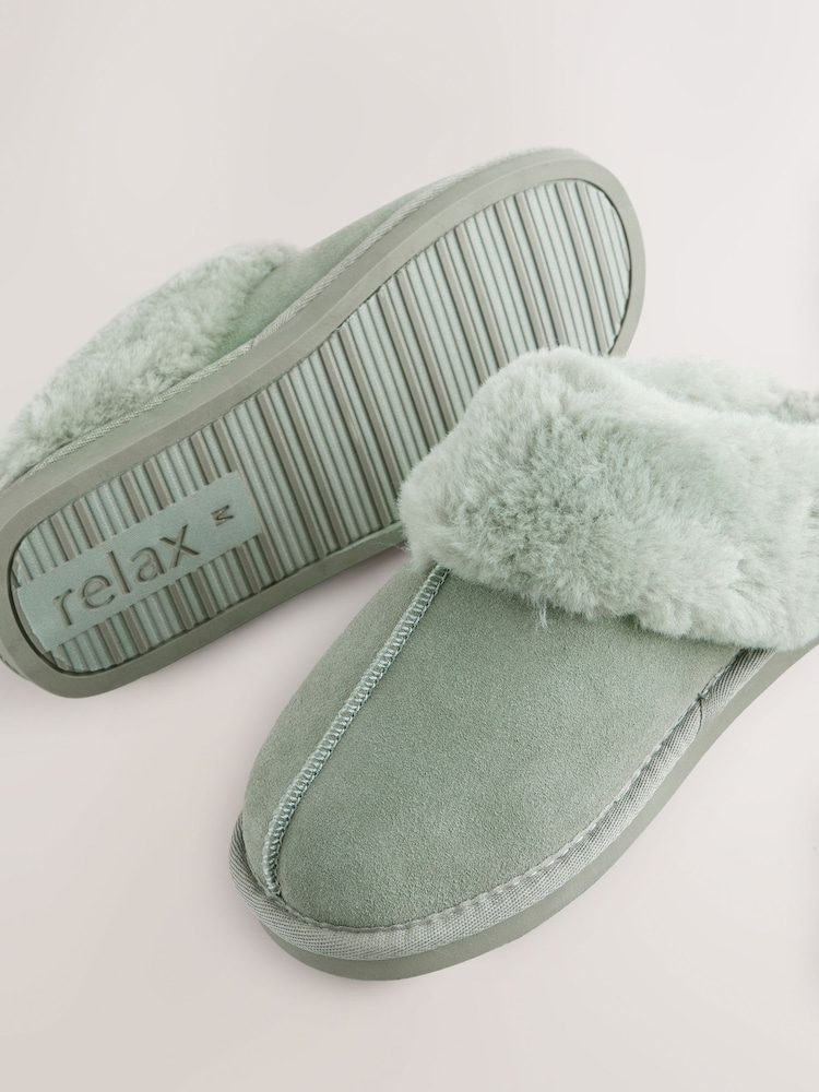Green Suede Faux Fur Lined Mule Slippers - Image 6 of 6