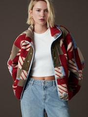 Beige/Red/Khaki Green Abstract Print Woven Mix Teddy Borg Fleece Popper Front Jacket - Image 1 of 10