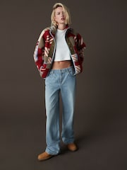 Beige/Red/Khaki Green Abstract Print Woven Mix Teddy Borg Fleece Popper Front Jacket - Image 2 of 10
