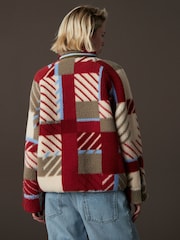 Beige/Red/Khaki Green Abstract Print Woven Mix Teddy Borg Fleece Popper Front Jacket - Image 3 of 10