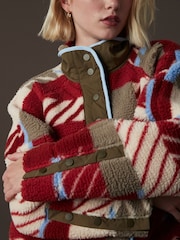 Beige/Red/Khaki Green Abstract Print Woven Mix Teddy Borg Fleece Popper Front Jacket - Image 4 of 10