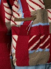 Beige/Red/Khaki Green Abstract Print Woven Mix Teddy Borg Fleece Popper Front Jacket - Image 6 of 10