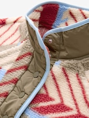 Beige/Red/Khaki Green Abstract Print Woven Mix Teddy Borg Fleece Popper Front Jacket - Image 7 of 10
