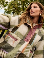 Green/Ecru/Orange Abstract Print Woven Mix Teddy Borg Fleece Popper Front Jacket - Image 1 of 4