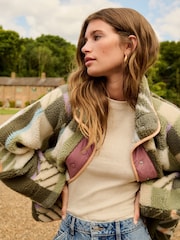 Green/Ecru/Orange Abstract Print Woven Mix Teddy Borg Fleece Popper Front Jacket - Image 2 of 4