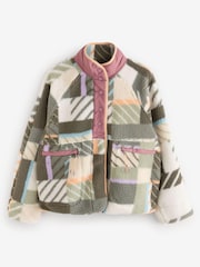 Green/Ecru/Orange Abstract Print Woven Mix Teddy Borg Fleece Popper Front Jacket - Image 4 of 4