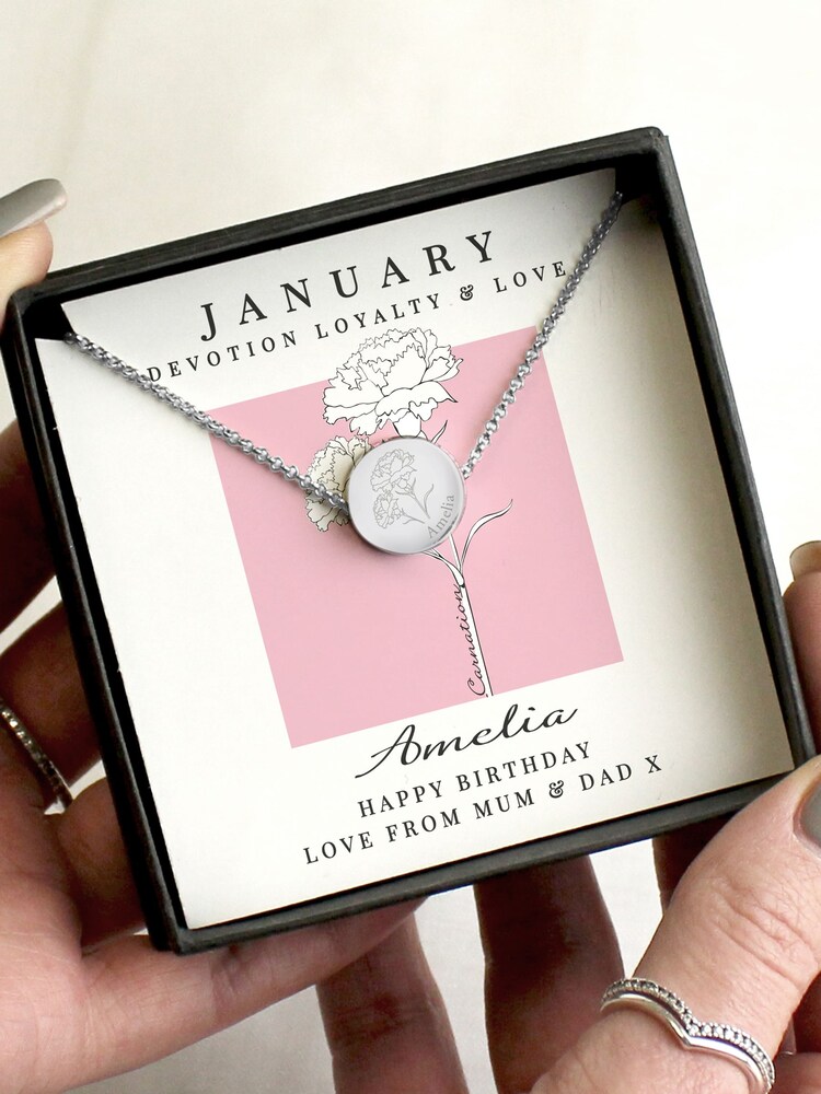 Personalised January Birth Flower Necklace and Box by PMC - Image 1 of 4