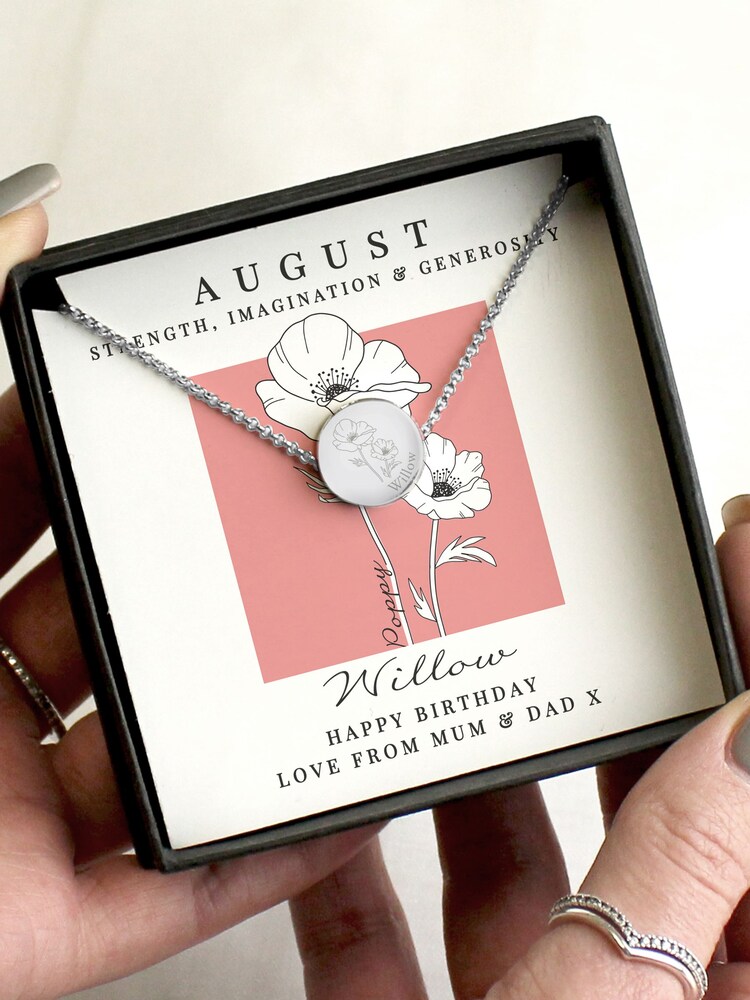Personalised August Birth Flower Necklace and Box by PMC - Image 1 of 4