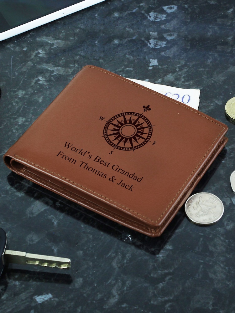 PMC Personalised Compass Leather Brown Wallet - Image 1 of 3