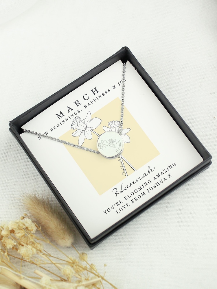 Personalised March Birth Flower Necklace and Box by PMC - Image 1 of 4