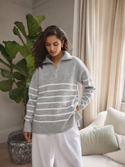 Grey Stripe Half Zip Knit Jumper - Image 2 of 8