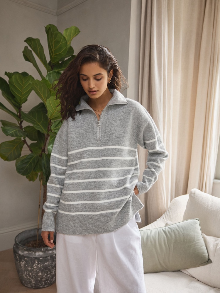 Grey Stripe Half Zip Knit Jumper - Image 2 of 8