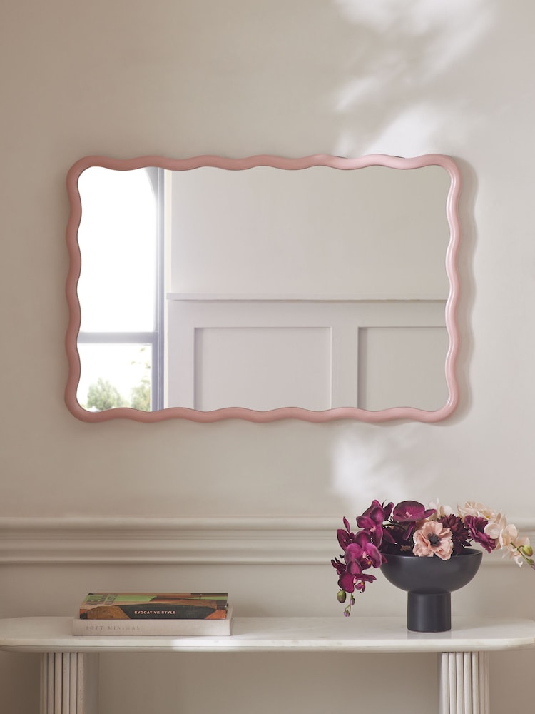 Pink Wooden Wavy Pine Rectangular Wall Mirrror - Image 1 of 5 Pink Wooden Wavy Pine Rectangular Wall Mirrror - Image 1 of 5