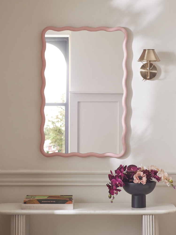 Pink Wooden Wavy Pine Rectangular Wall Mirrror - Image 2 of 5 Pink Wooden Wavy Pine Rectangular Wall Mirrror - Image 2 of 5