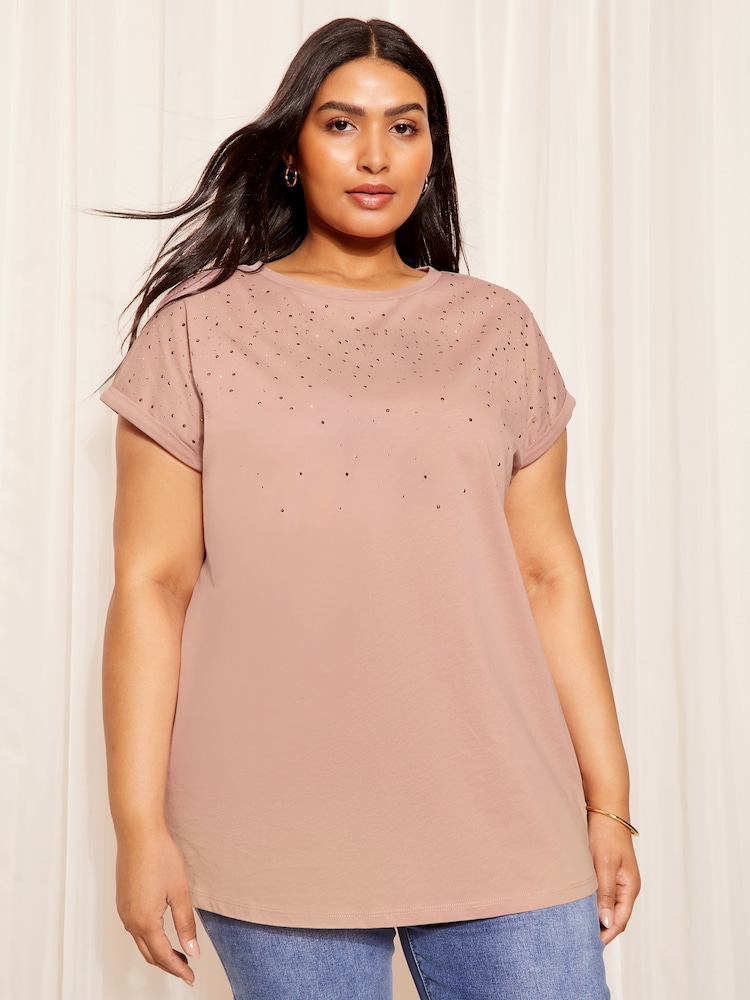 Curves Like These Pink Stud Embellished T-Shirt - Image 1 of 4 Curves Like These Pink Stud Embellished T-Shirt - Image 1 of 4