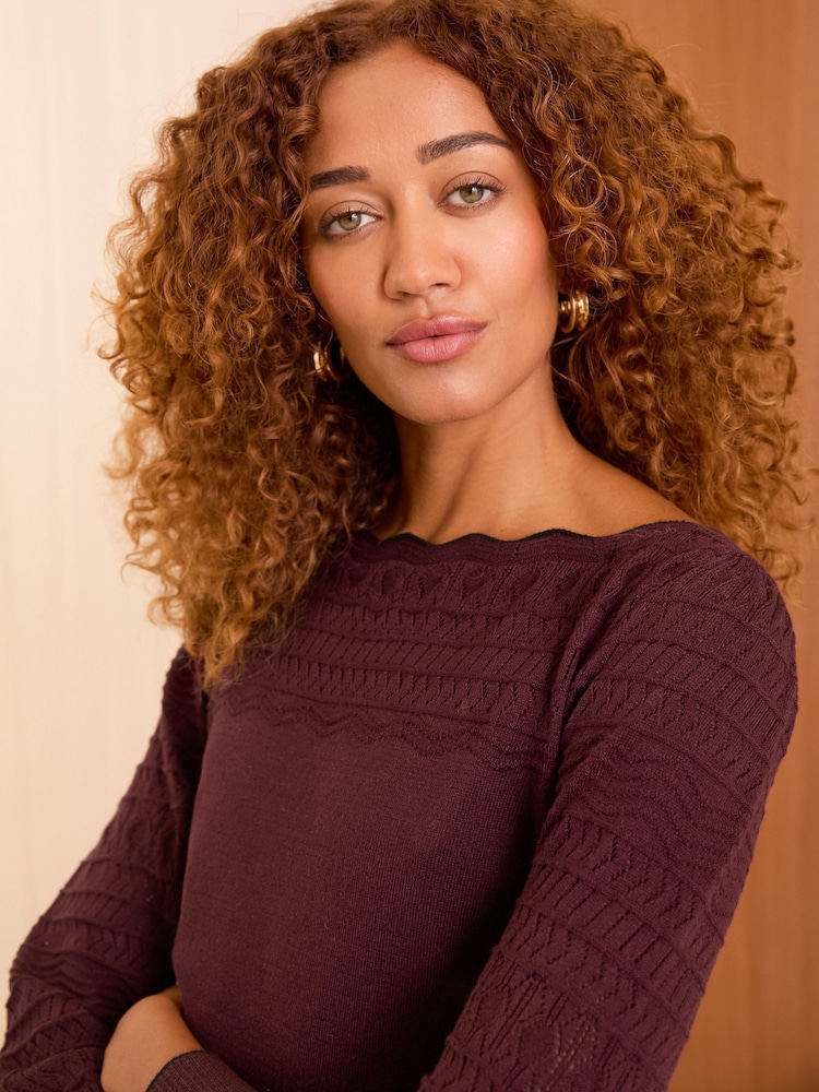 Love & Roses Burgundy Red Pointelle Scallop Neck Jumper - Image 2 of 4 Love & Roses Burgundy Red Pointelle Scallop Neck Jumper - Image 2 of 4